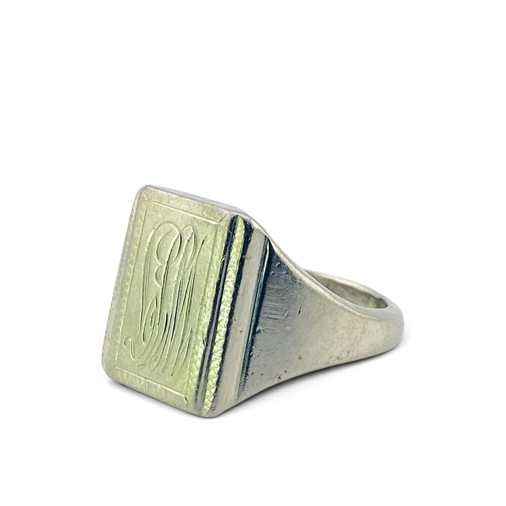 Vintage Steel Signet Ring Monogram LPM Hand Engraved Size 9.25 - Picture 2 of 6